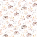 Watercolor autumn seamless pattern with hedgehog, mashrooms, branches, leaves and berries. Set of autumn forest plants