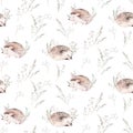Watercolor autumn seamless pattern with hedgehog, mashrooms, branches, leaves and berries. Set of autumn forest plants