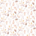 Watercolor autumn seamless pattern with mashrooms, branches, leaves and berries. Set of autumn forest plants. Collection