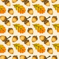 Watercolor Autumn Seamless Pattern With Oak Leaves And Acorns. Hand Drawn Fall Season Nature Background For Design