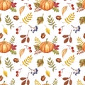 Watercolor autumn seamless pattern with orange pumpkins, colorful tree leaves and red berries. Fall symbols, isolated on white Royalty Free Stock Photo