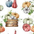 Watercolor autumn seamless pattern with pumpkins and leaves in the wooden box. Hand painted colorful gourds isolated on Royalty Free Stock Photo