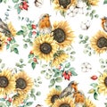 Watercolor autumn seamless pattern with robin redbreast, sunflowers, leaves and dogroses. Hand painted floral Royalty Free Stock Photo