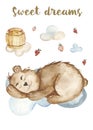 Watercolor autumn set, card with a cute cartoon sleeping bear, a barrel of honey, wood.