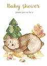 Watercolor autumn set, card with a cute cartoon sleeping bear, a barrel of honey, wood.