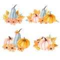Watercolor autumn set of compositions with pumpkins and leaves Royalty Free Stock Photo