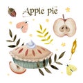 Watercolor autumn set with cute apple elements for design. Apple pie, green leaves and butterflies