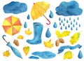 Watercolor autumn set. Decorative elements of season. Umbrella, clouds and rain, rubber boots, scarf, drops of water Royalty Free Stock Photo