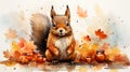 watercolor autumn squirrel with pumpkin illustration Royalty Free Stock Photo