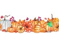 Watercolor autumn template with pumpkins, yellow leaves, berries