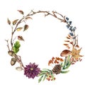 Watercolor autumn tree branch and flower wreath. Hand painted wreath with acorn, mushroom, cone, berries and leaves on