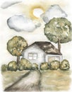 Watercolor Autumn Tree Landscape Clipart. House illustation, Trees and clouds composition. Card making, scrapbooking set, wedding