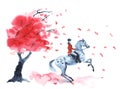 Watercolor autumn tree with red leaves and rider and on dapple grey rearing up Royalty Free Stock Photo