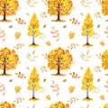 Fall trees seamless pattern. Watercolor oak and birch tree forest, orange and yellow leaves. Autumn natural print Royalty Free Stock Photo