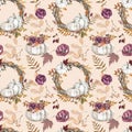 Watercolor autumn white pumpkin seamless pattern. Fall rpint with pumpkins, flowers and leaves on peach creme background Royalty Free Stock Photo