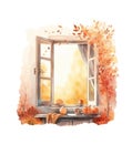 Watercolor autumn window with dried leaves and pumpkins. Countryside fall house illustration