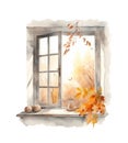 Watercolor autumn window with dried leaves and pumpkins. Countryside fall house illustration