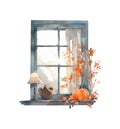 Watercolor autumn window with dried leaves and pumpkins. Countryside fall house illustration