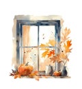 Watercolor autumn window with dried leaves and pumpkins. Countryside fall house illustration