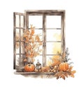 Watercolor autumn window with dried leaves and pumpkins. Countryside fall house illustration