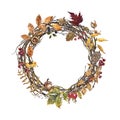 Watercolor autumn wreath, with colorful leaves and rosehip berries, isolated on white background. Thanksgiving holiday decor in Royalty Free Stock Photo