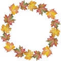 Watercolor autumn wreath of colorful leaves. Use for your projects. Design of postcards, scrapbooking, business cards and invitati