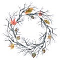 Watercolor autumn wreath with leaves. Hand painted fall template with tree branch isolated on white background Royalty Free Stock Photo