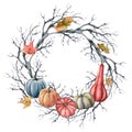 Watercolor autumn wreath with leaves and pumpkins. Hand painted fall template card with tree branch isolated on white Royalty Free Stock Photo