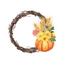 Watercolor autumn wreath, pumpkin, colorful leaves, mums flowers, wheat, isolated on white background. Thanksgiving holiday