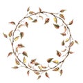 Watercolor autumn wreath with tree branches and leaves. Hand painted autumn border isolated on white background for