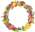 Watercolor round wreath with colorful fallen autumn leaves, dry grass and poppy. All elements are hand drawn. Royalty Free Stock Photo