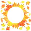 Watercolor autumn yellow leaves round frame. Hand drawn with brush bright maple and abstract leaf illustration for back Royalty Free Stock Photo