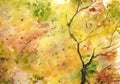 Watercolor autumn yellow orange green tree leaf foliage branch texture background