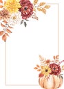 Watercolor autumnal floral arrangement . Watercolor border with pumpkin, flowers and foliage Royalty Free Stock Photo