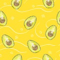 Watercolor avocado fruit isolated on yellow background. Handwork exotic summer draw. Hello my style. Seamless pattern