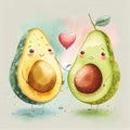 2 Watercolor Avocado in love on white Background. Illustration Generative AI