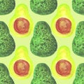 Watercolor avocado seamless pattern on a green background