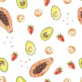 Watercolor avocado strawberry apricot papaya fruits isolated on white background. Seamless pattern. Hello my style Royalty Free Stock Photo