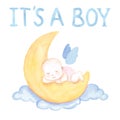 Watercolor baby boy on moon. Newborn baby