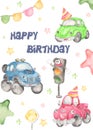 Watercolor baby card with cute truck, beetle and pickup Baby shower