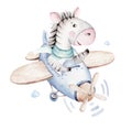 Watercolor baby cartoon pilot aviation hippopotamus, lion and zebra animals sky transport, airplanes clouds. cute