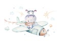 Watercolor baby cartoon pilot aviation hippopotamus, lion and zebra animals sky transport, airplanes clouds. cute