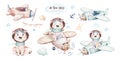 Watercolor baby cartoon pilot aviation hippopotamus, lion and zebra animals sky transport, airplanes clouds. cute