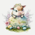 Watercolor Baby Cow and Easter Eggs: A Charming Stock Photo for the Season AI Generated