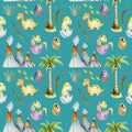 Watercolor baby dinosaurs among volcanoes and palm trees seamless pattern