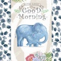 Watercolor baby elephant and mother. Cute Elephants for greeting card, birthday, invite, mother day painting clip art on floral