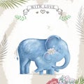 Watercolor baby elephant and mother. Cute Elephants for greeting card, birthday, invite, mother day painting clip art on floral