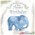 Watercolor baby elephant and mother. Cute Elephants for greeting card, birthday, invite, painting clip art on floral background Royalty Free Stock Photo