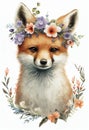Watercolor baby fox portrait with flowers crown illustration. Cute fox face character design wildlife animal cartoon Royalty Free Stock Photo