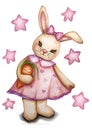 Watercolor baby girl banny illustration with carrot and stars.